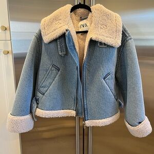 Zara Denim Sherpa Moto Jacket
